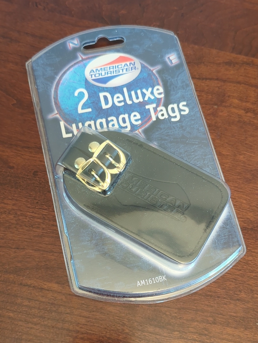 American Tourister Black Luggage Tag with Gold Buckle